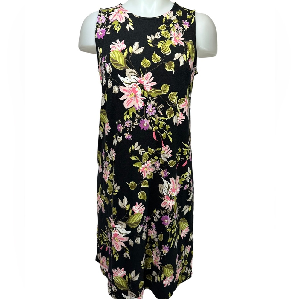 J. JIll Wearever Collection Knit Tank Dress Small Black Pink Floral Summer Swing